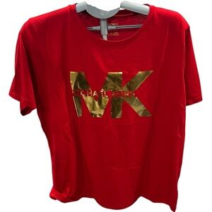 Michael Kors Women's Red Logo Tee with Gold MK Accent